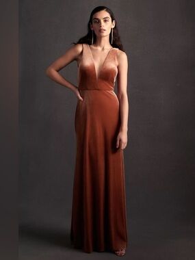 Jenny Yoo Collection Logan Deep-V Velvet Column Gown in English Rose Sz 4